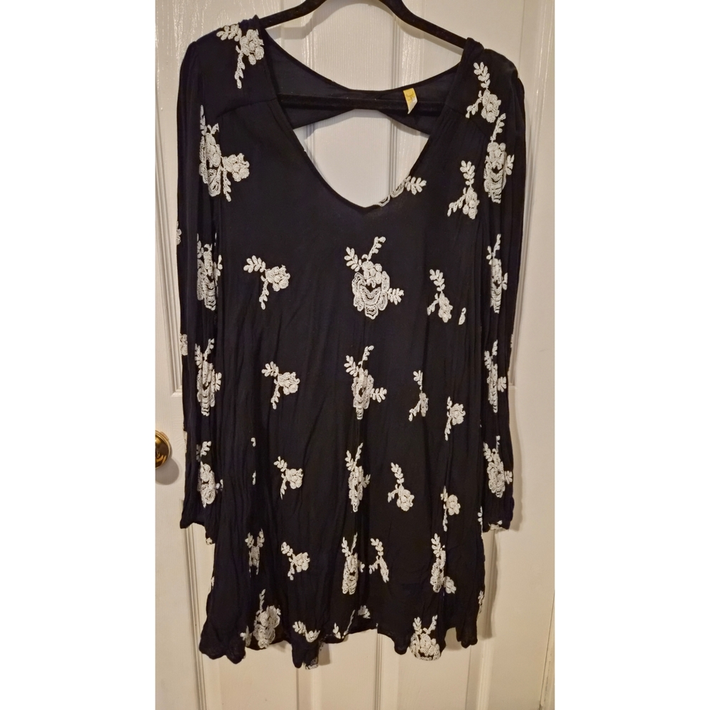 Free People Black Cotton Floral Stitch Dress L